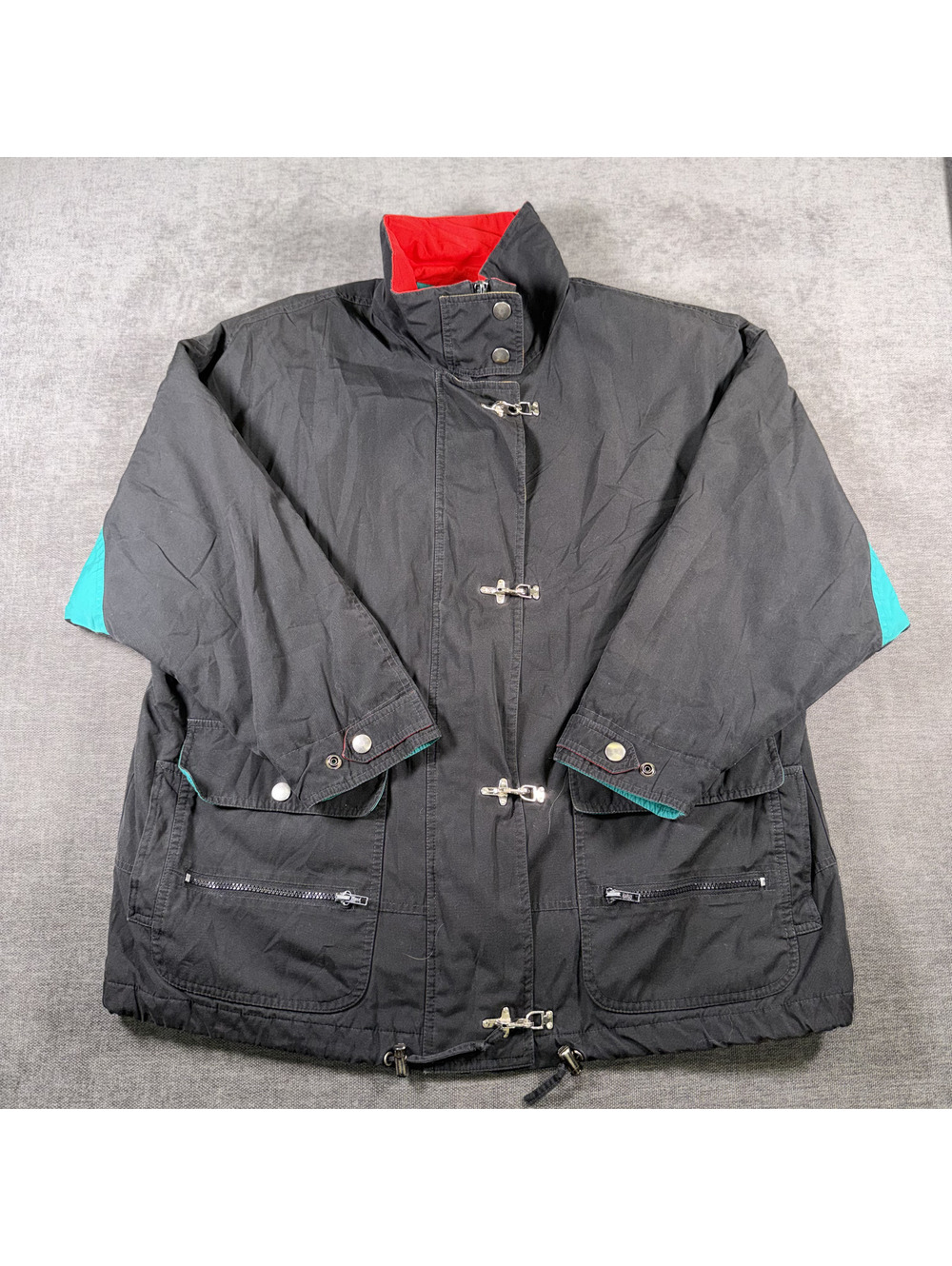 London Fog Black and Teal Vintage Windbreaker Jacket with Red Lining
